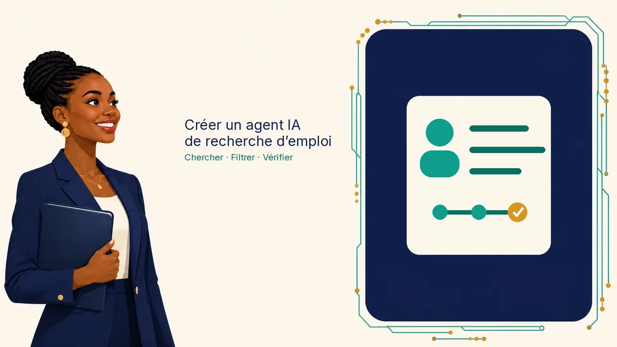 Illustration de la formation Agent IA de recherche d’emploi : une professionnelle souriante et un parcours de candidature vérifié