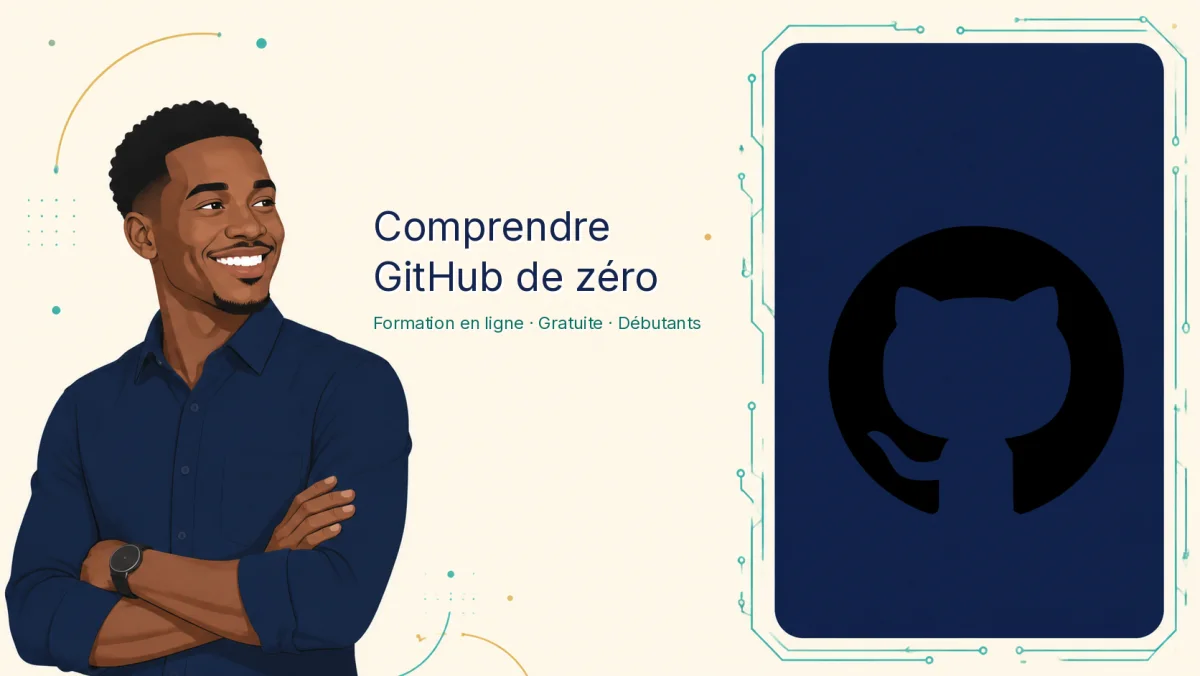 Illustration de la formation GitHub : un développeur souriant et le logo octocat