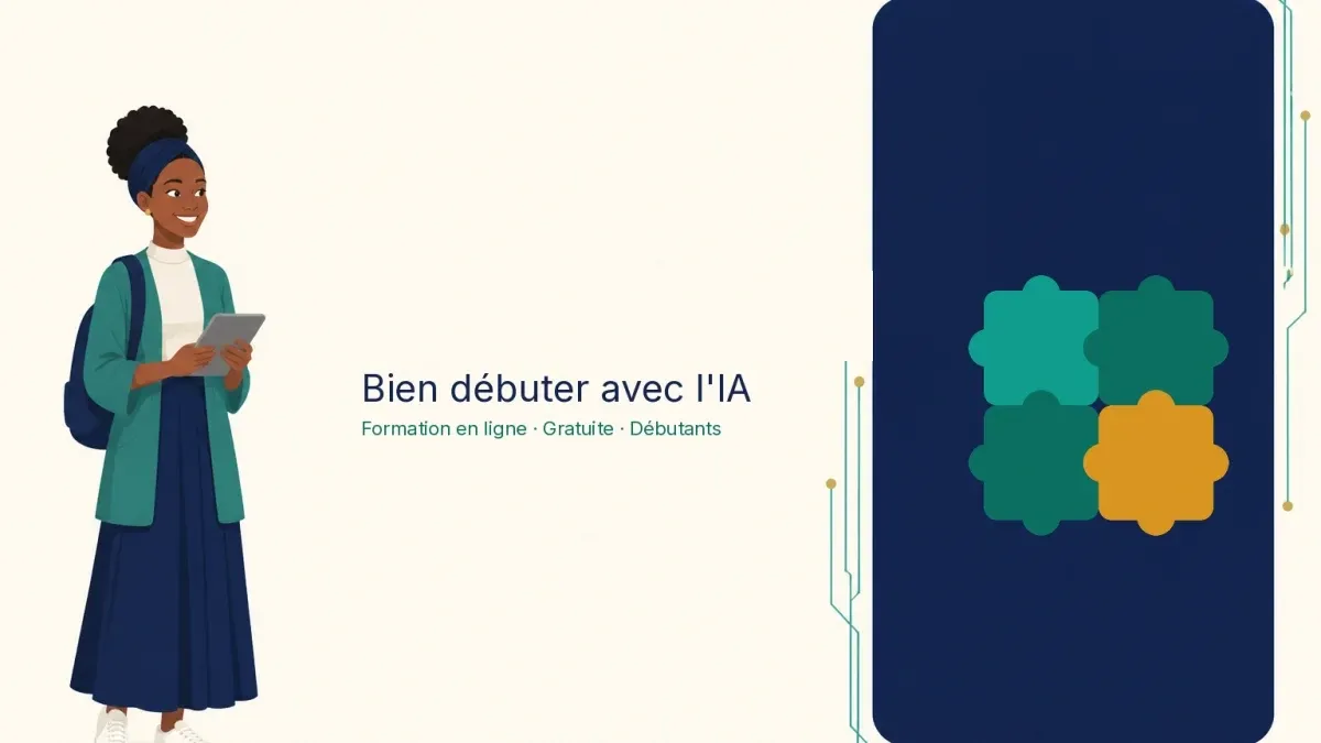 Illustration de la formation Bien débuter avec l'IA : une apprenante souriante et un puzzle de quatre pièces