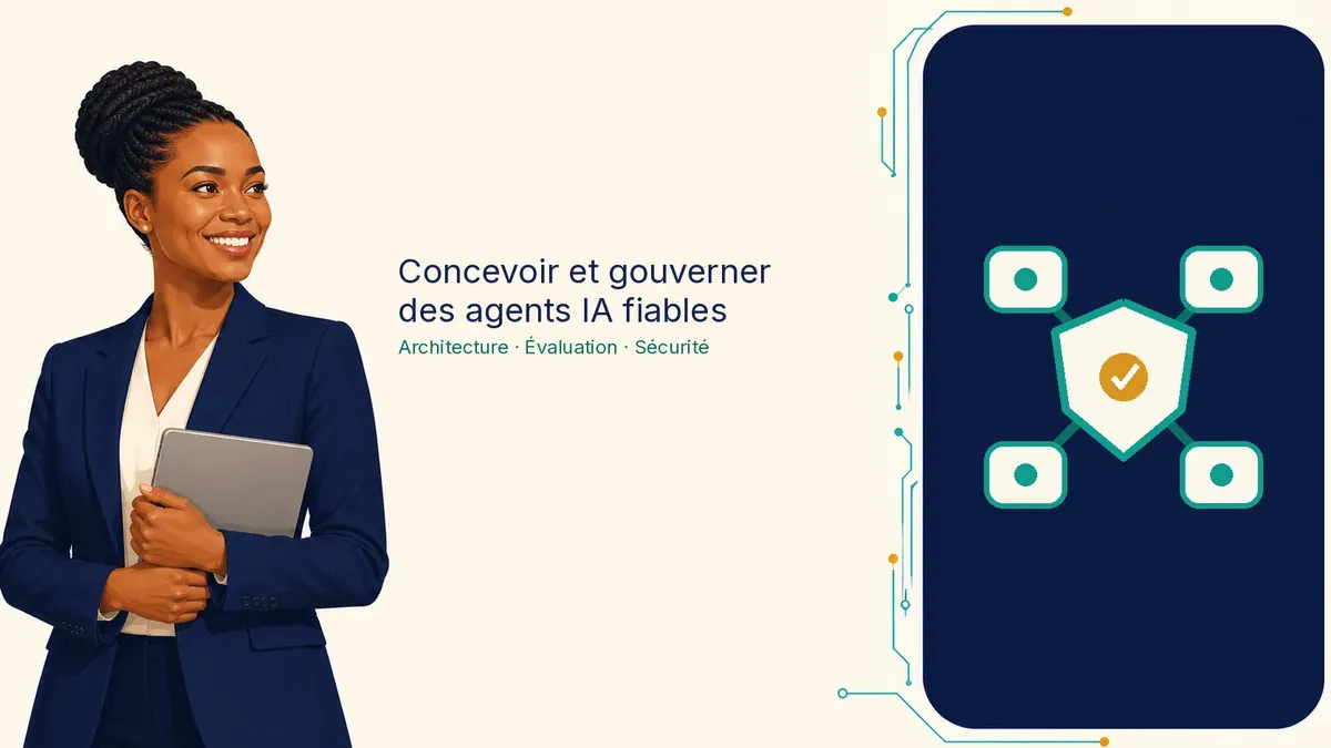 Illustration de la formation Agents IA fiables : une architecte IA souriante et un réseau d’agents sous gouvernance