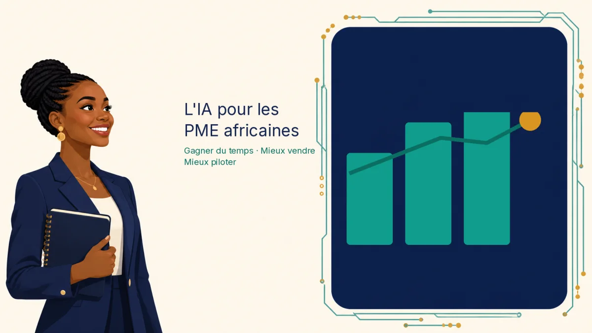 Illustration de la formation IA pour les PME africaines : une entrepreneure souriante et une courbe de croissance