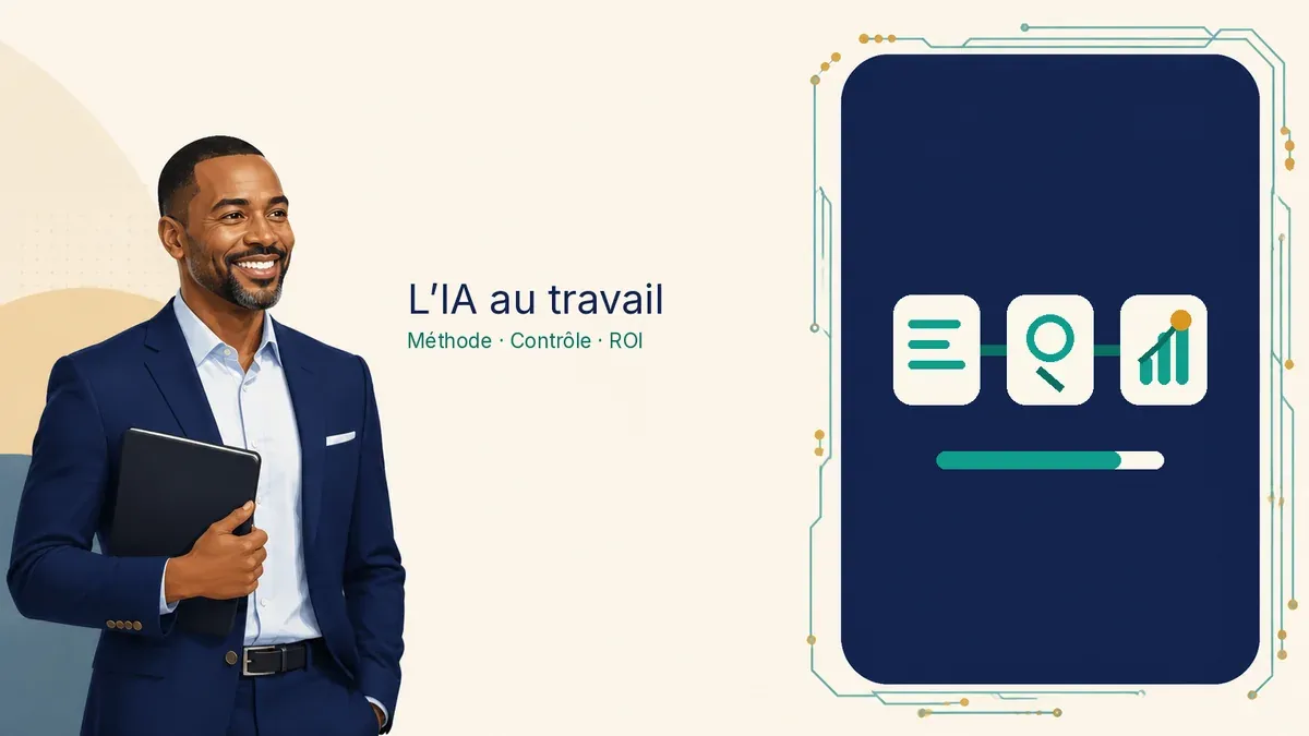 Illustration de la formation IA au travail : un manager souriant et un processus contrôlé jusqu’au résultat mesurable