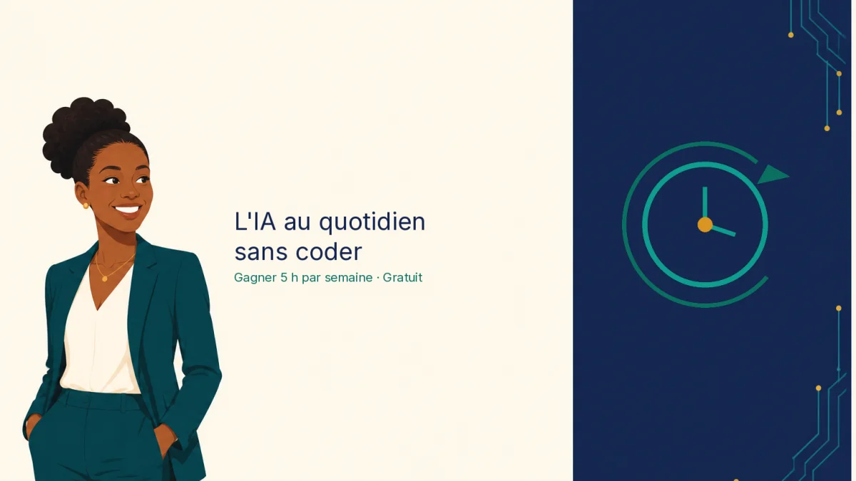 Illustration de la formation IA au quotidien : une professionnelle souriante et une horloge