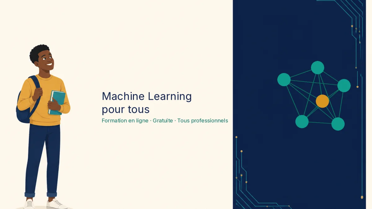 Illustration de la formation Machine Learning pour tous : un apprenant souriant et un réseau de neurones