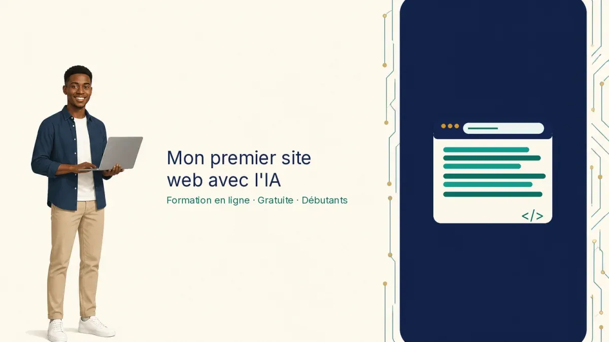 Illustration de la formation Mon premier site web avec l’IA : une créatrice souriante et un aperçu de site CV