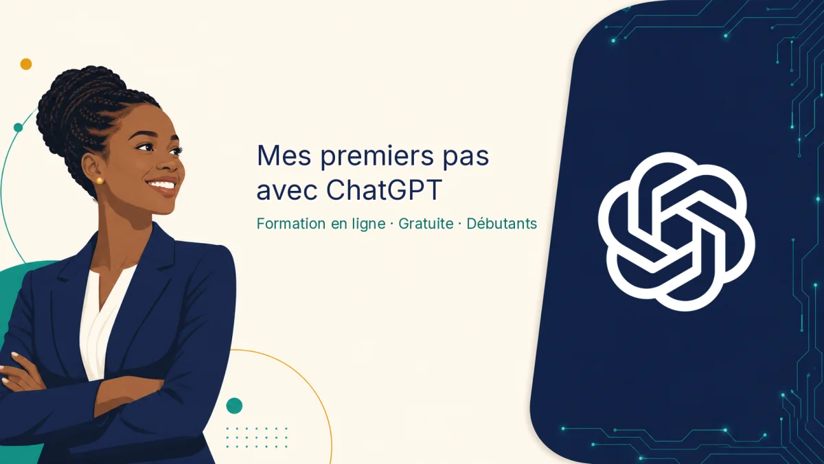 Illustration de la formation ChatGPT : une professionnelle souriante et le symbole ChatGPT