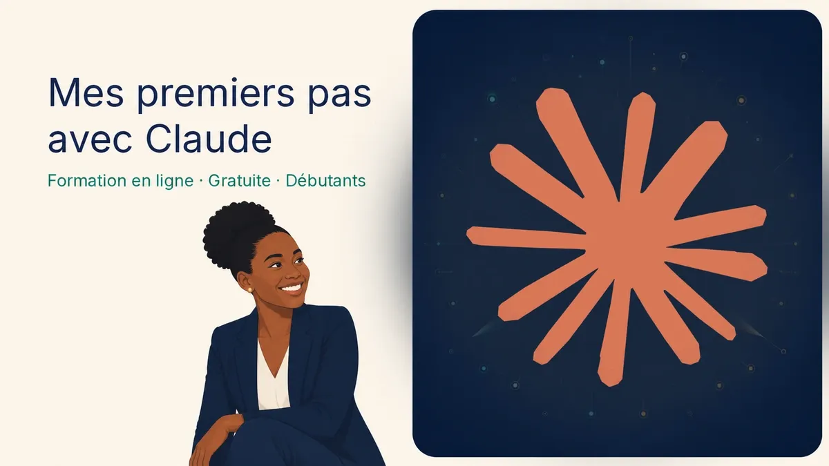 Illustration de la formation Claude : une professionnelle souriante et le symbole Claude sur un panneau navy