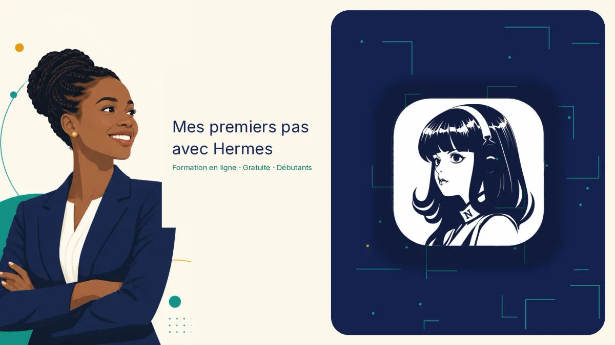 Illustration de la formation Hermes : une professionnelle souriante et l’icône officielle Hermes sur un panneau navy