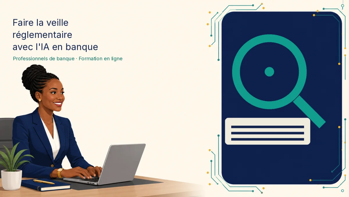 Illustration de la formation veille réglementaire en banque : une banquière en costume devant un ordinateur et une loupe