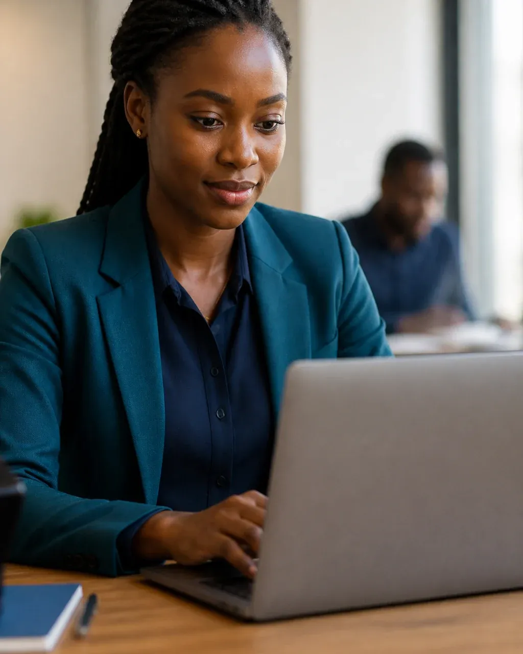 Une professionnelle travaille sur son ordinateur dans un bureau lumineux